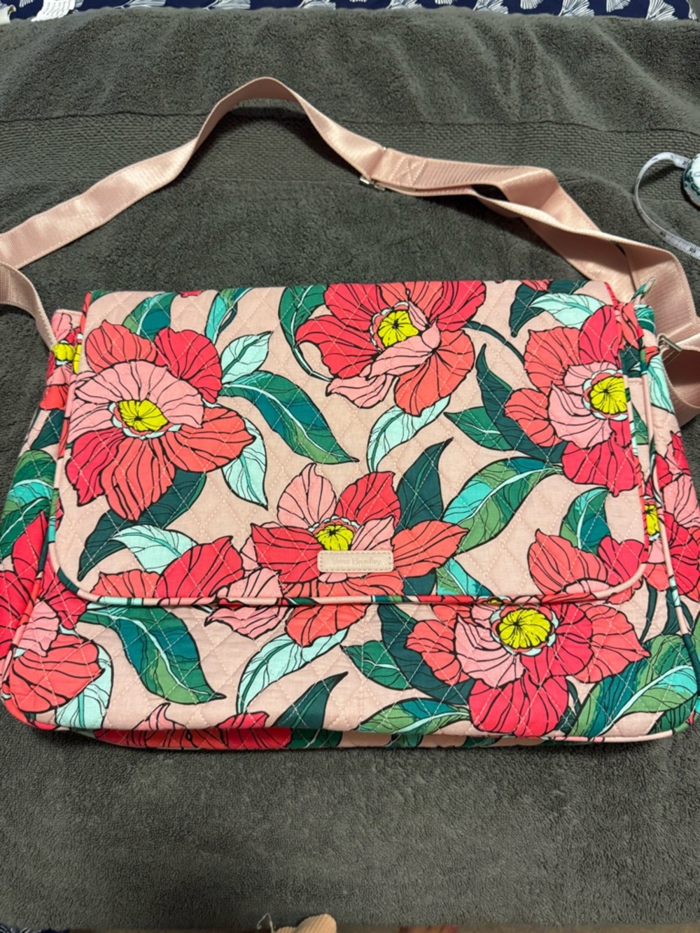 Vera Bradley Coral Floral Quilted Laptop Bag with Green Leaves